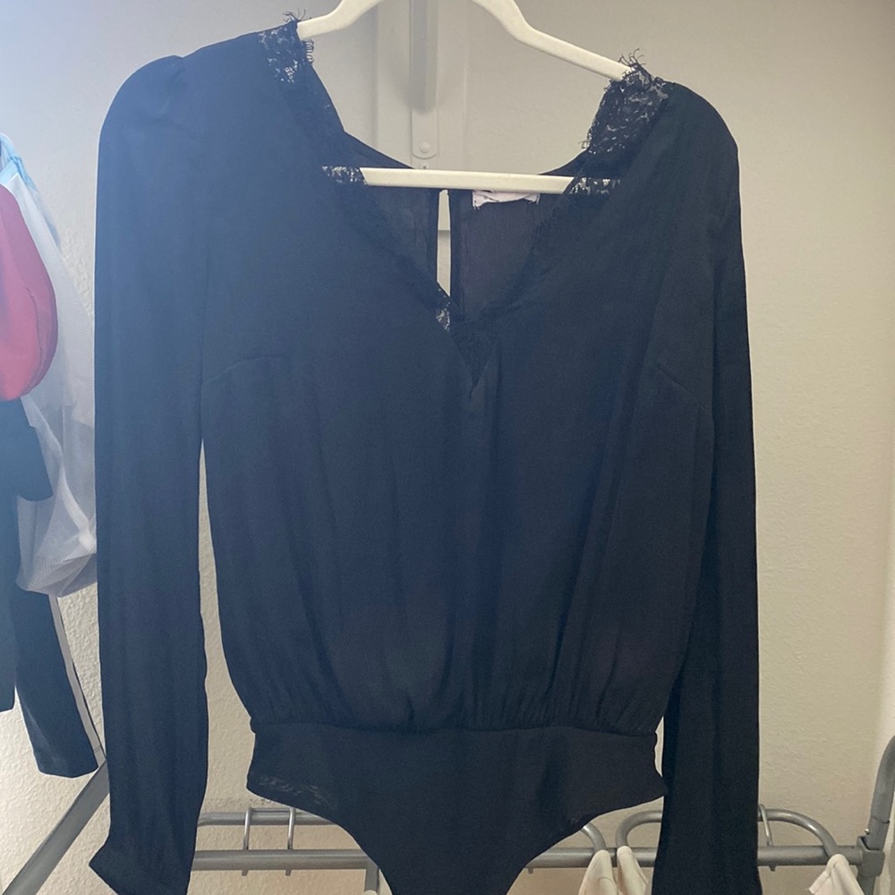 Black V Neck Lace Bodysuit